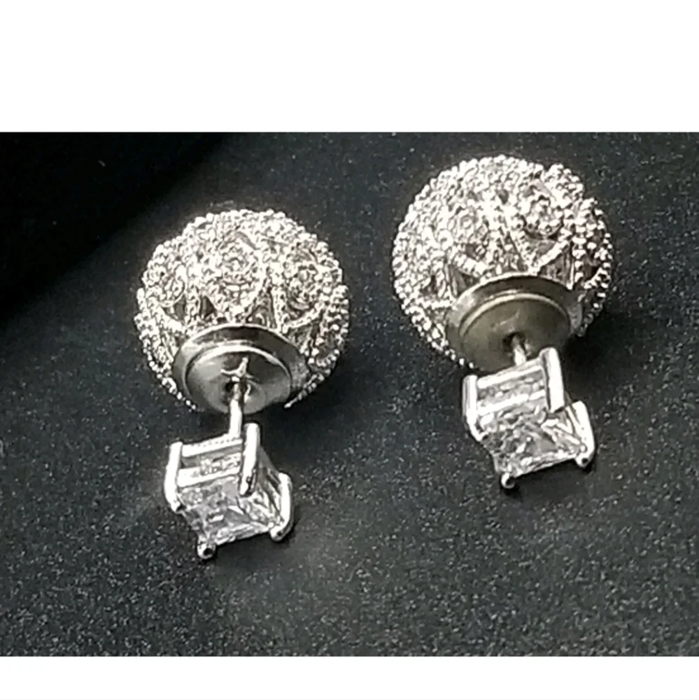 ORROUS & CO 18k White Gold Plated Cubic Zirconia Princess Ball Studs Reversible - Picture 7 of 8